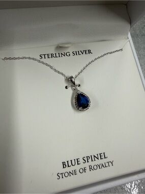 Macy's Sterling Silver Teardrop Necklace with Deep Blue Center